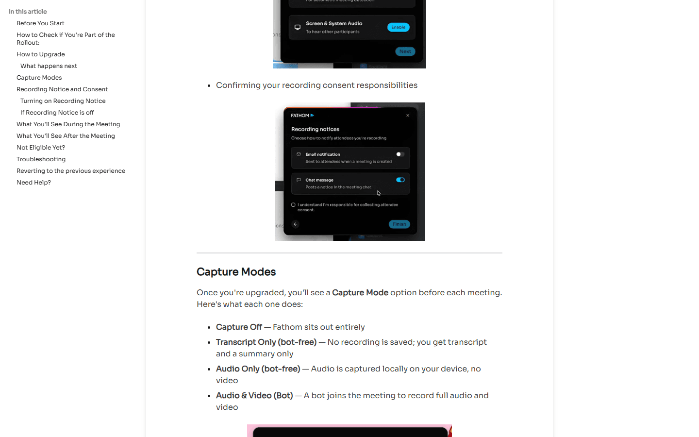 Fathom official English help page listing Transcript Only, Audio Only, and bot capture modes.