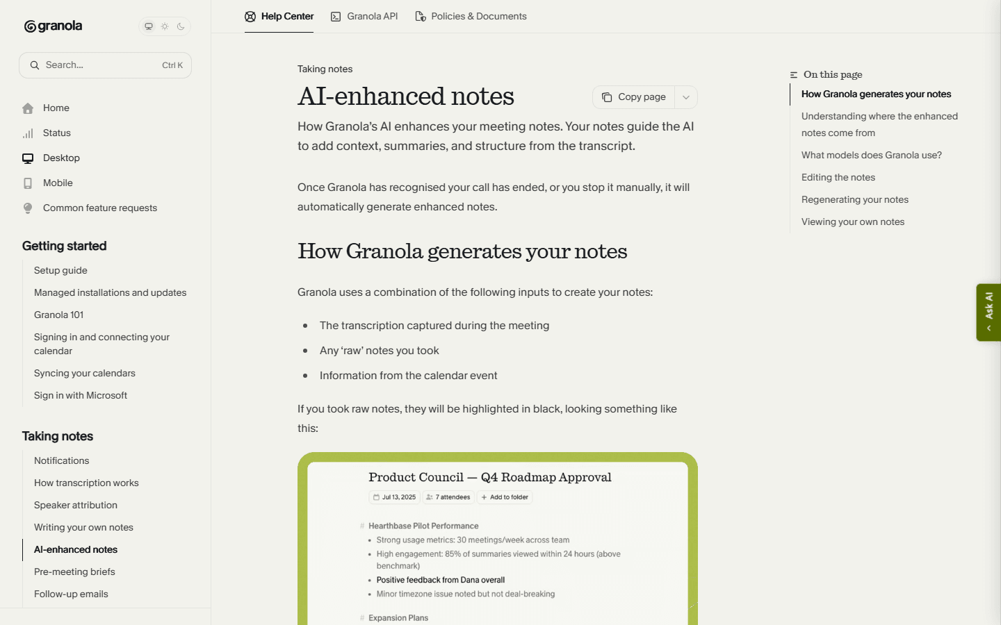 Granola official English documentation explaining AI-enhanced meeting notes.