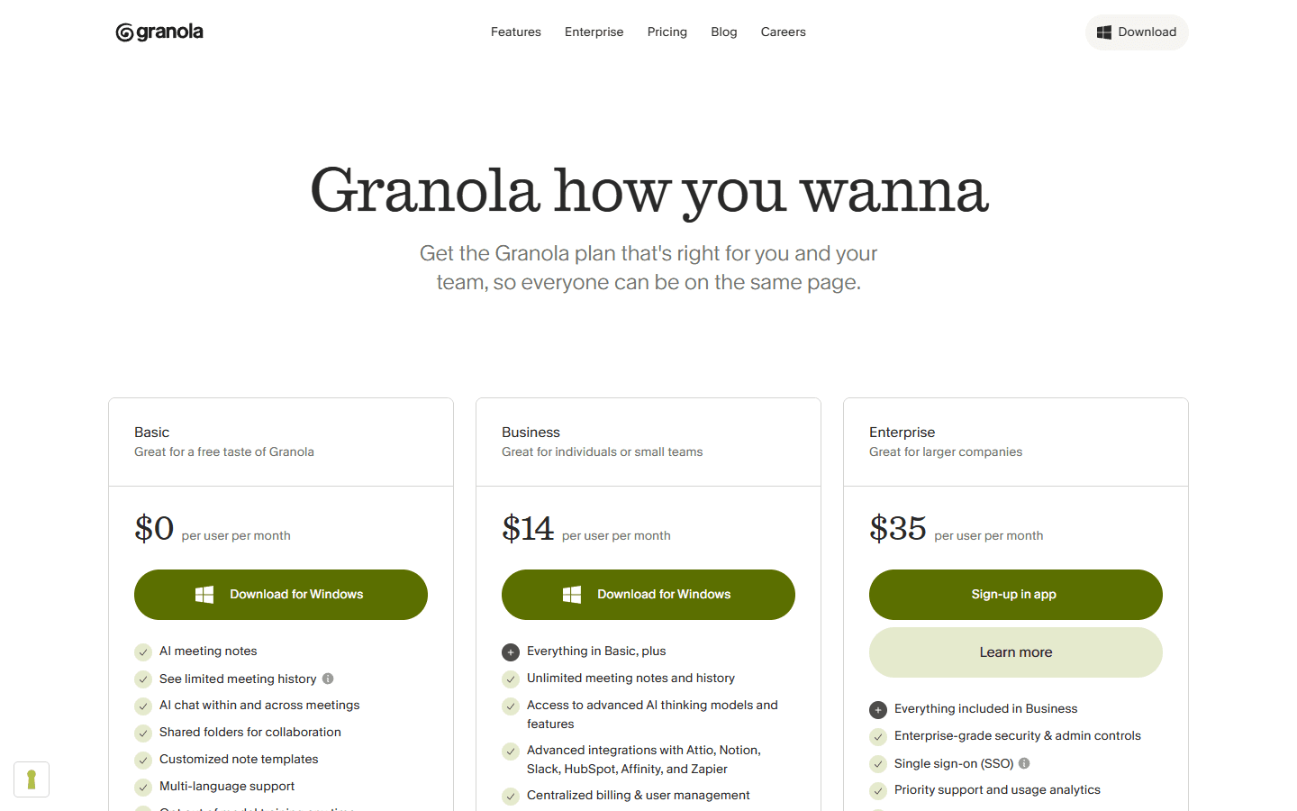 Granola official English pricing page showing Basic, Business, and Enterprise plans.