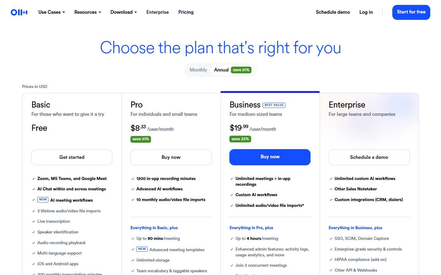Otter official English pricing page showing Basic, Pro, Business, and Enterprise plans.