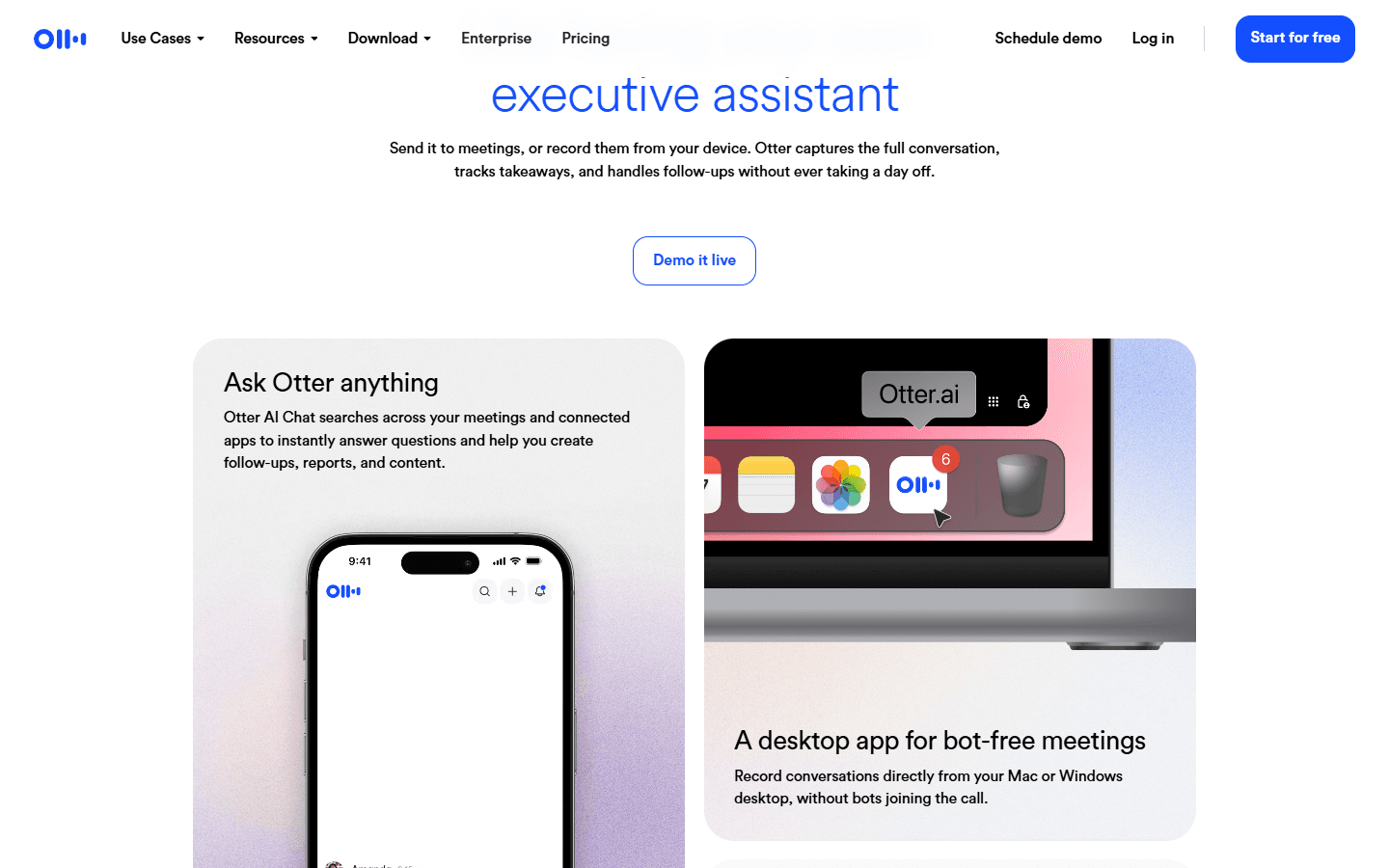 Otter official English product page showing AI Chat and bot-free desktop recording.