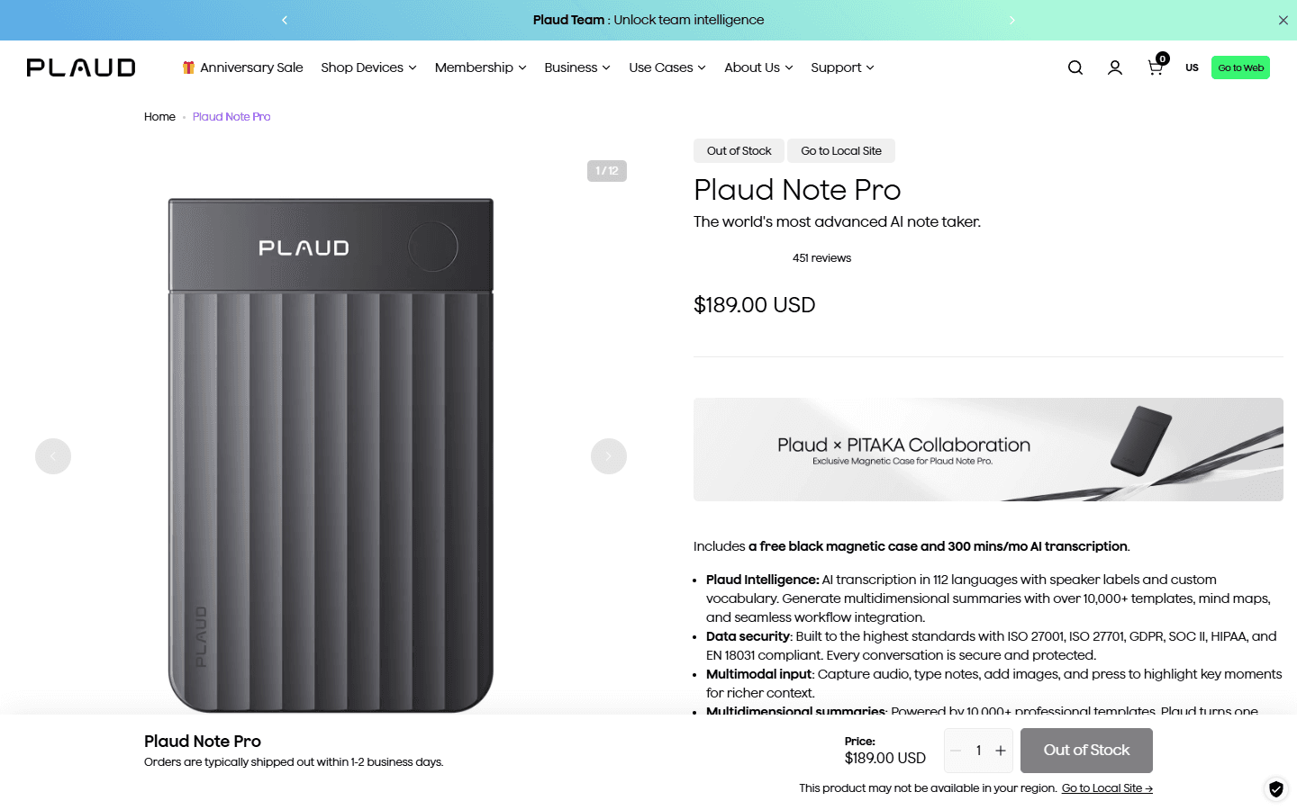 Plaud official English product page showing the Plaud Note Pro recorder and its specifications.