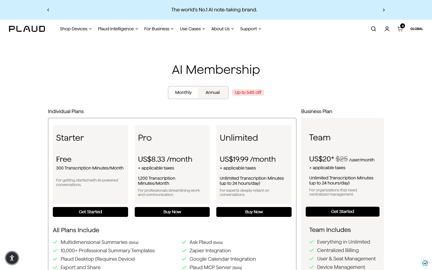 Plaud official English pricing page with Starter, Pro, Unlimited, and Team plans.