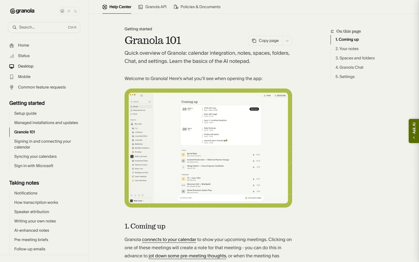 Granola official English documentation introducing its meeting notebook workflow.
