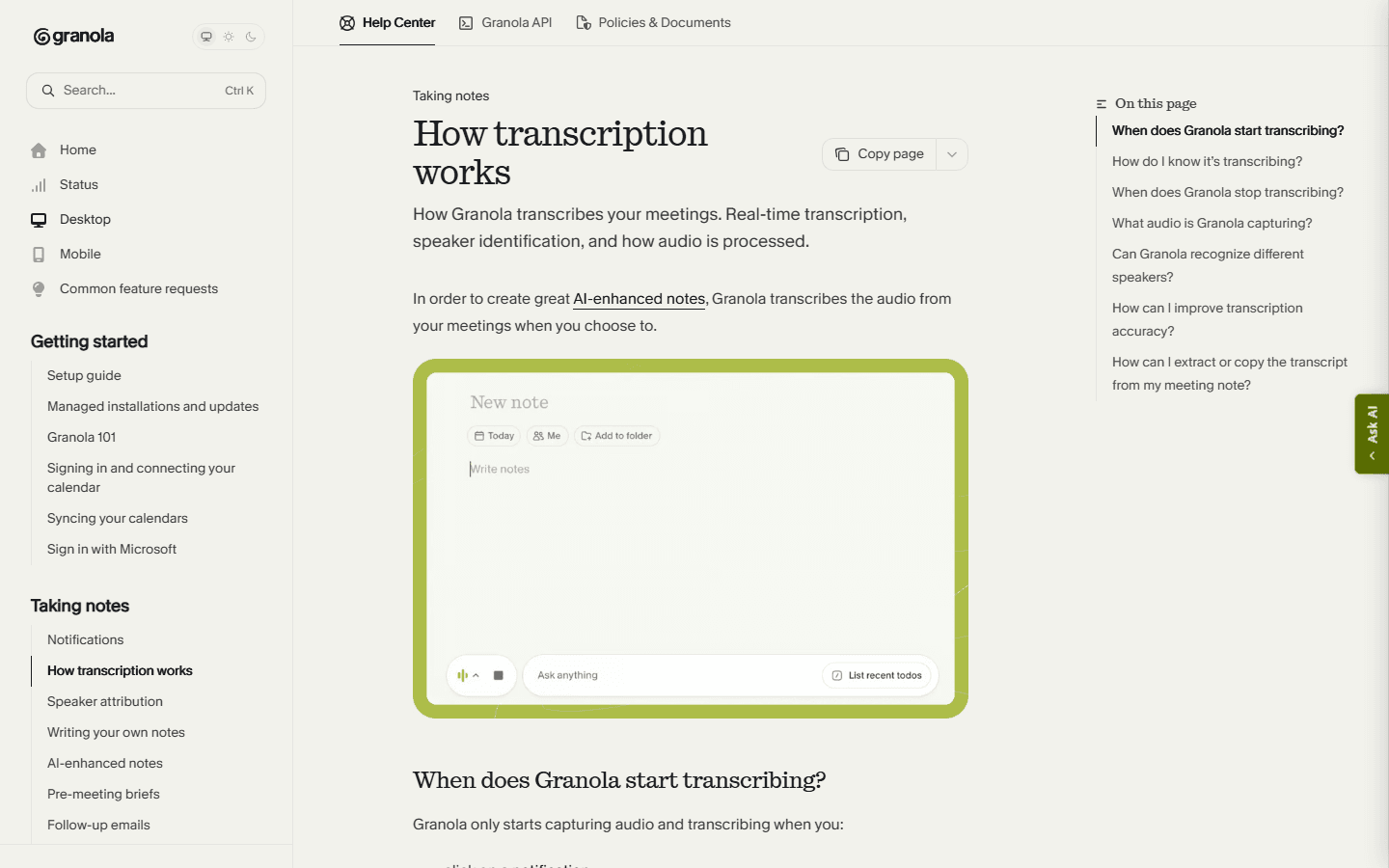 Granola official English documentation explaining live transcription and speaker attribution.
