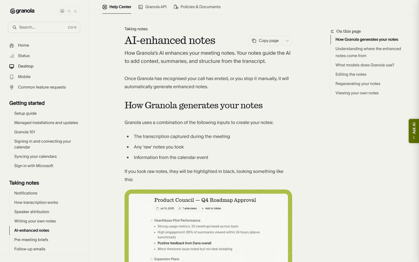 Granola official English documentation explaining AI-enhanced notes.