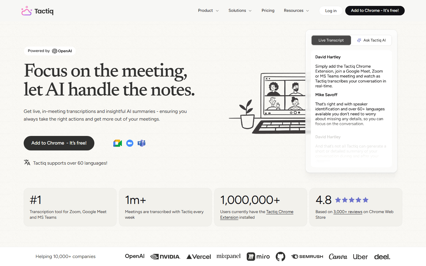 Tactiq official English homepage showing live transcription in a browser meeting.