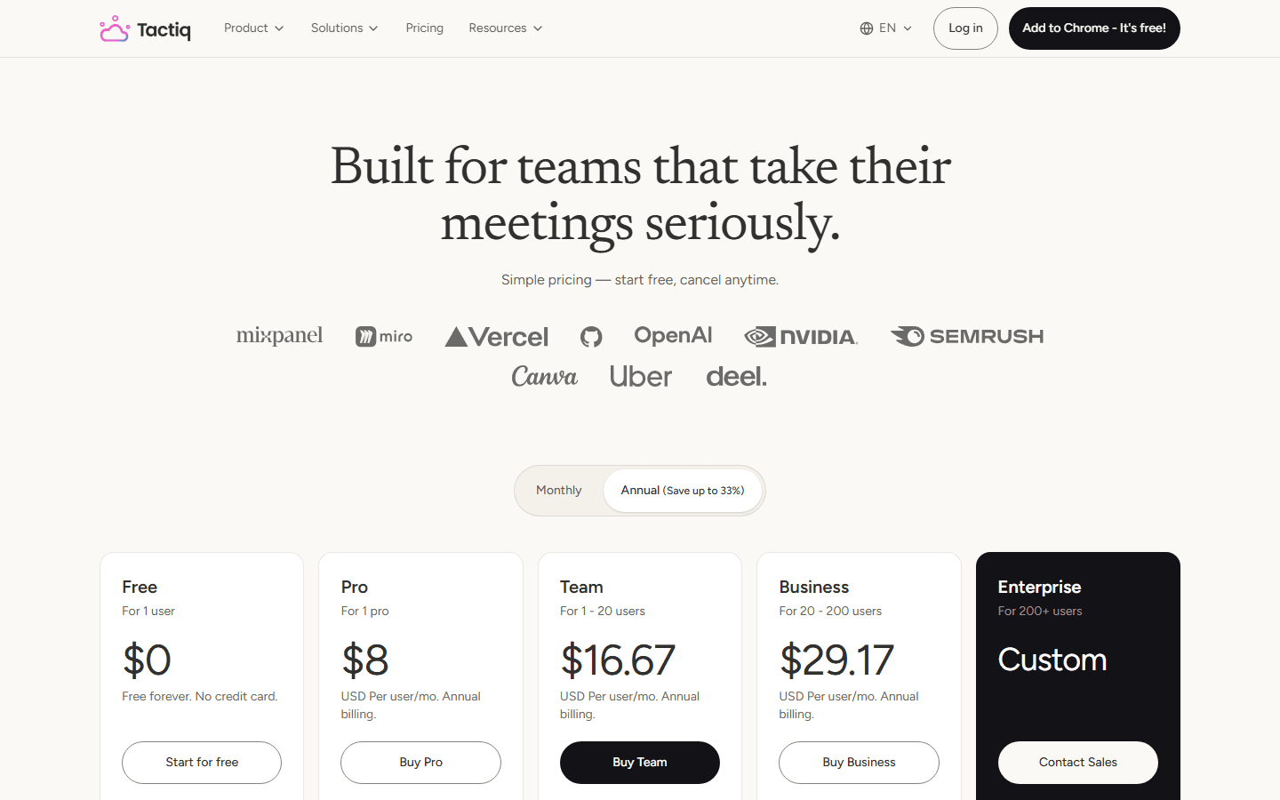 Tactiq official English pricing page showing Free, Pro, Team, Business, and Enterprise plans.