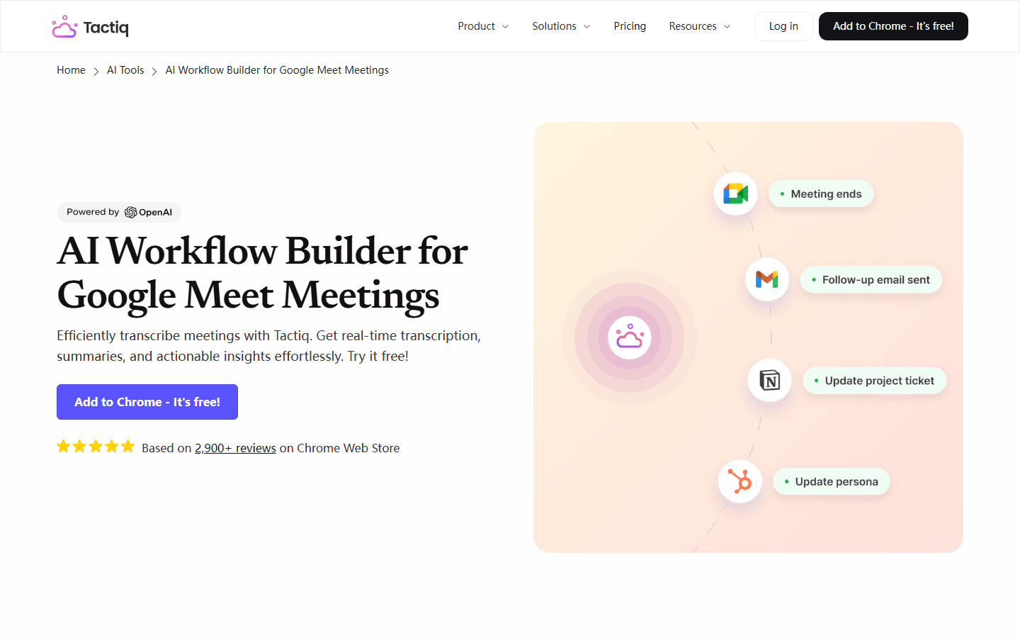 Tactiq official English AI Workflow Builder page for Google Meet follow-up.