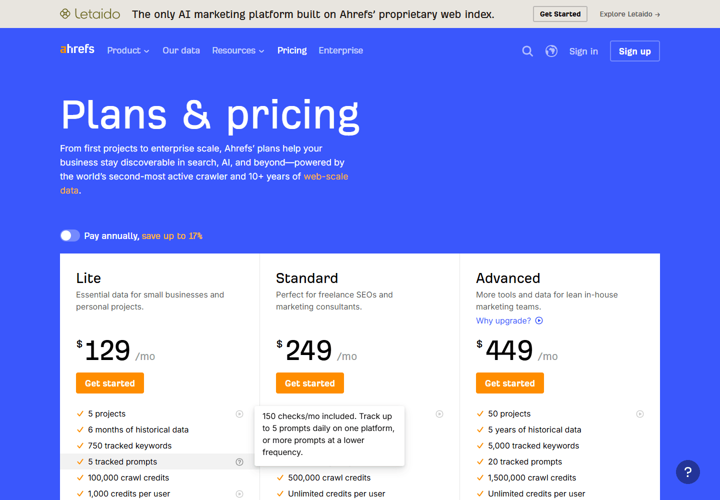 Ahrefs pricing page showing Lite, Standard, and Advanced plans.