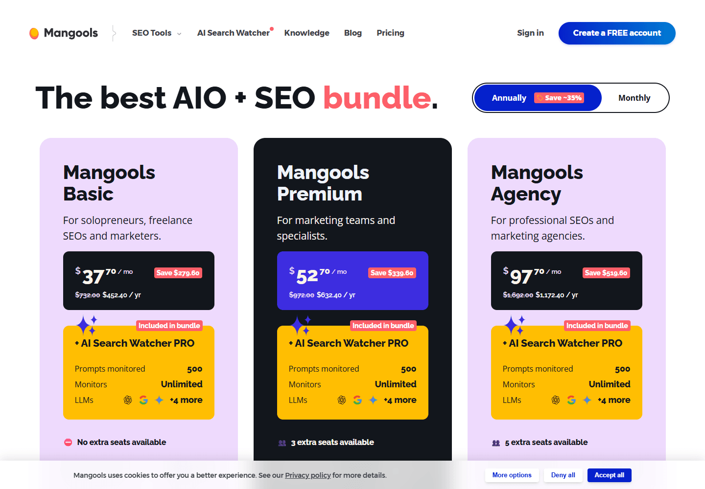 Mangools pricing page showing Basic, Premium, and Agency plans.