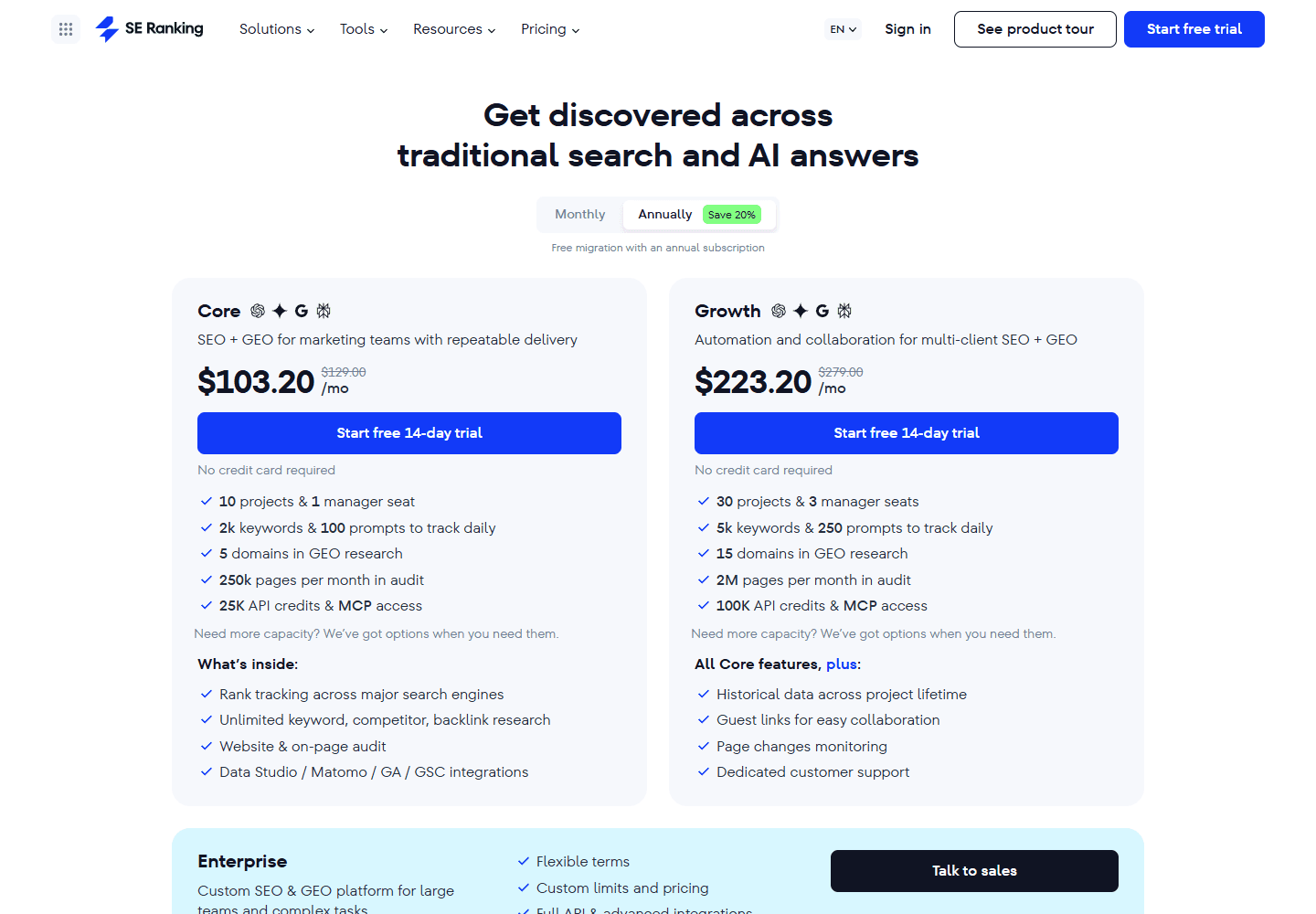 SE Ranking pricing page showing Core and Growth plans.