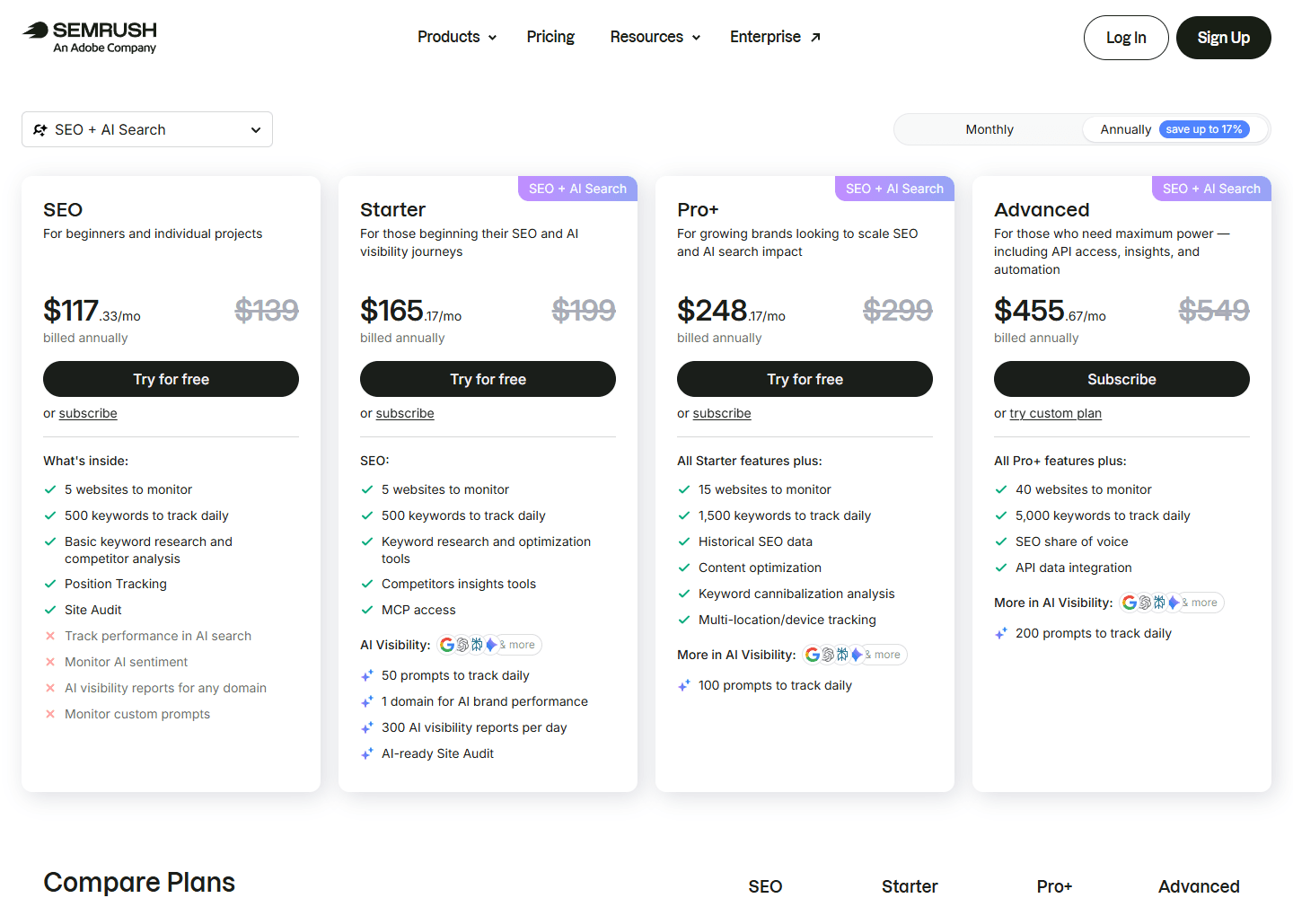 Semrush pricing page showing SEO and AI search plan cards.