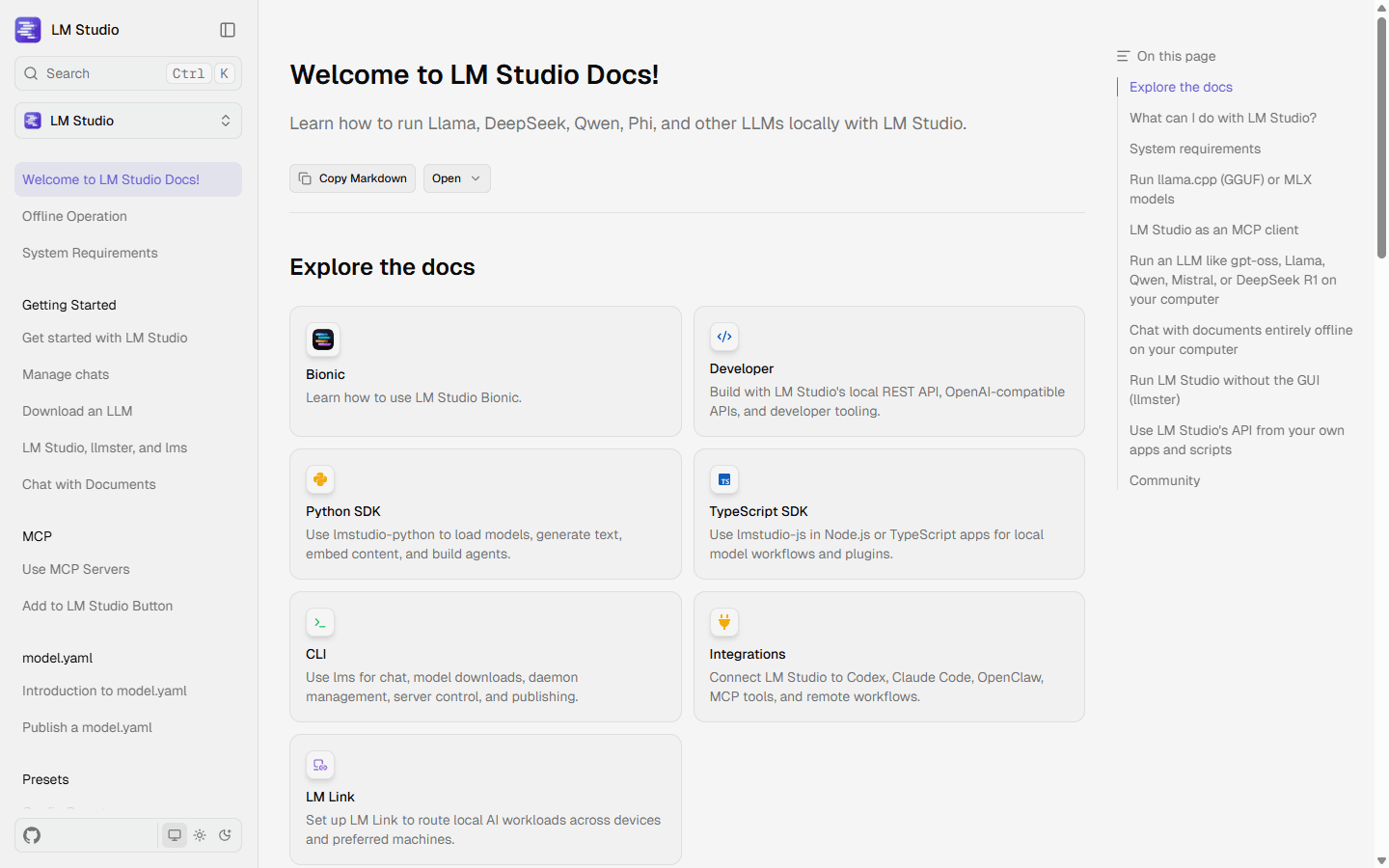 LM Studio official English documentation showing its developer tools, SDKs, CLI, integrations, and local AI features.