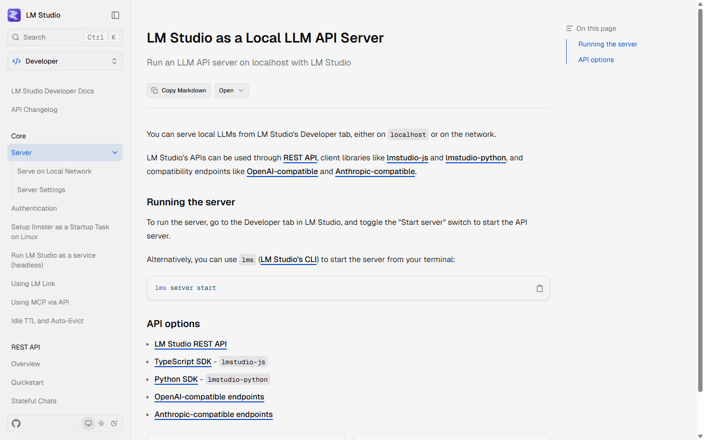LM Studio official English local server documentation with REST, Python, TypeScript, OpenAI-compatible, and Anthropic-compatible options.