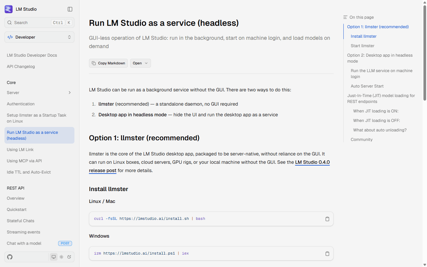 LM Studio official English documentation for running llmster or the desktop application as a headless service.