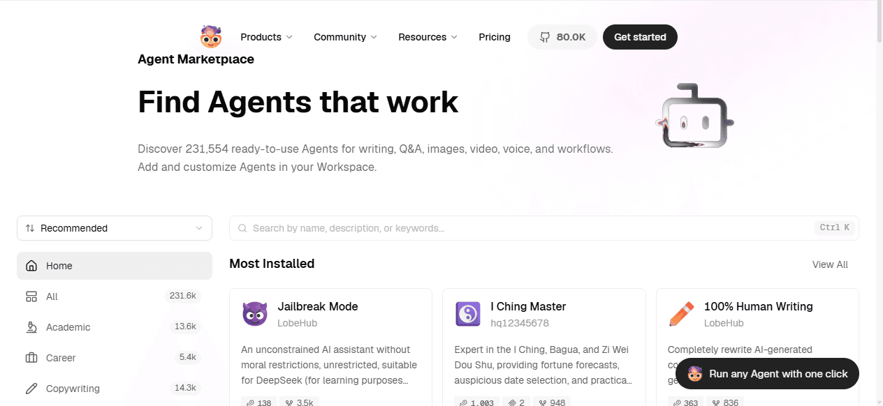 LobeHub official English Agent Marketplace with reusable agents organized by category.
