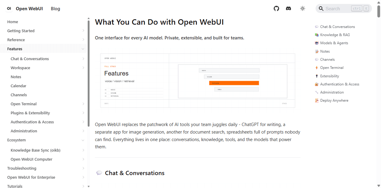 Open WebUI official English feature overview for chat, knowledge, tools, models, and administration.