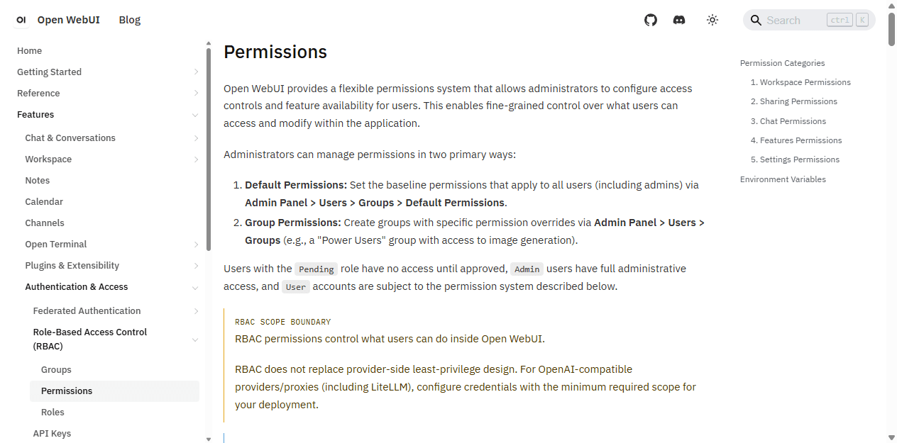Open WebUI official English permissions documentation for default and group controls.