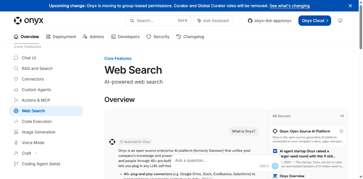 Onyx official English web search documentation showing cited search results.