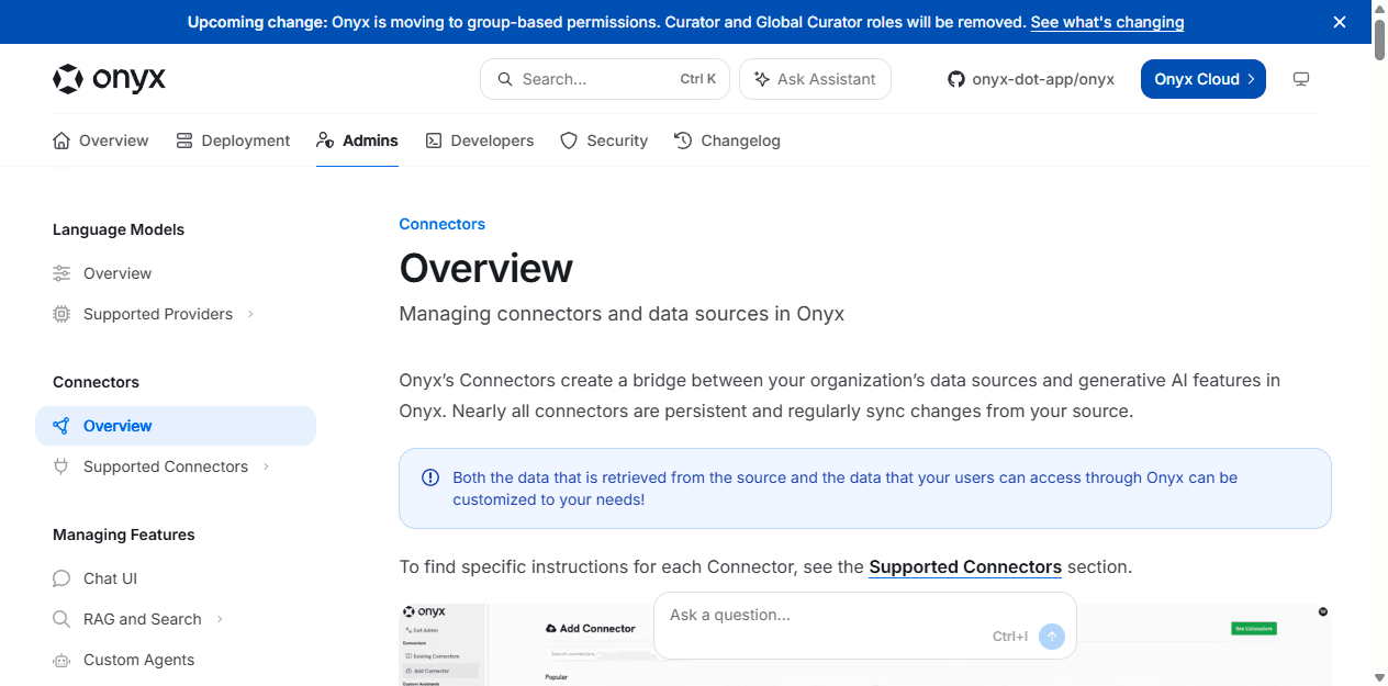 Onyx official English connector documentation for persistent source synchronization.