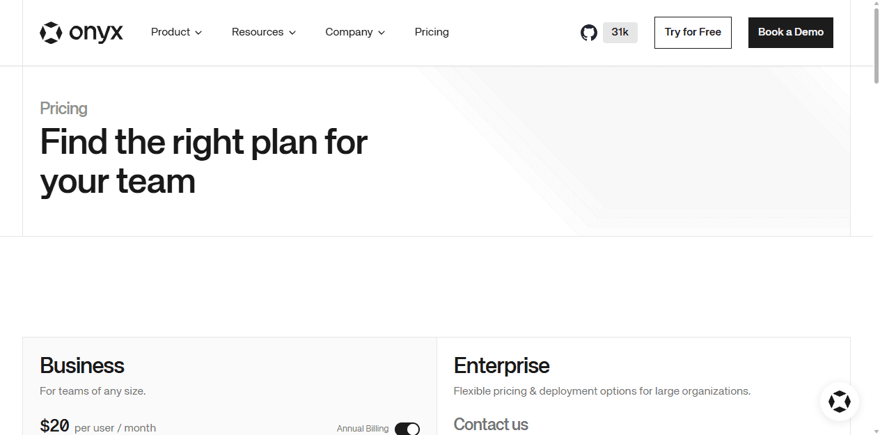 Onyx official English pricing page for Business and Enterprise plans.