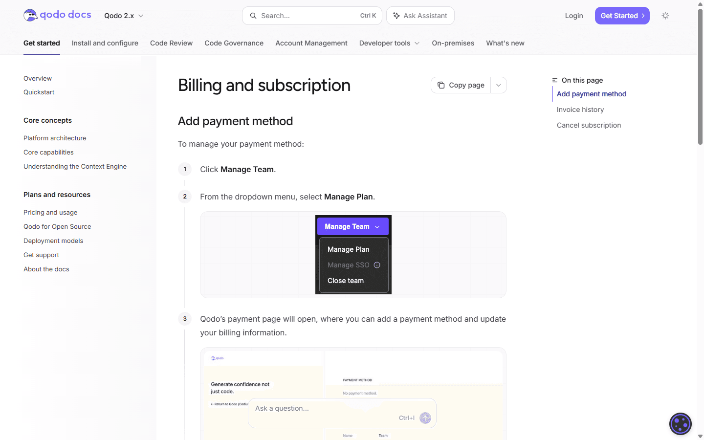 Qodo English documentation explaining payment methods, invoices, and subscription management.