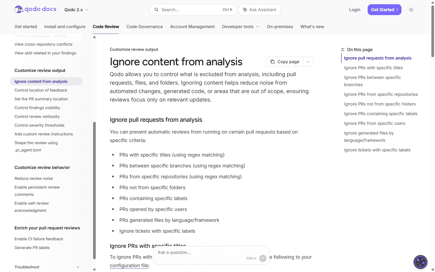 Qodo English documentation listing pull requests and generated content that can be excluded from analysis.