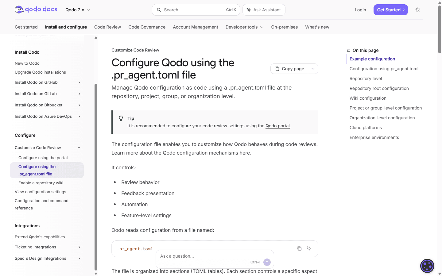 Qodo English documentation for configuring code review with a pr agent TOML file.