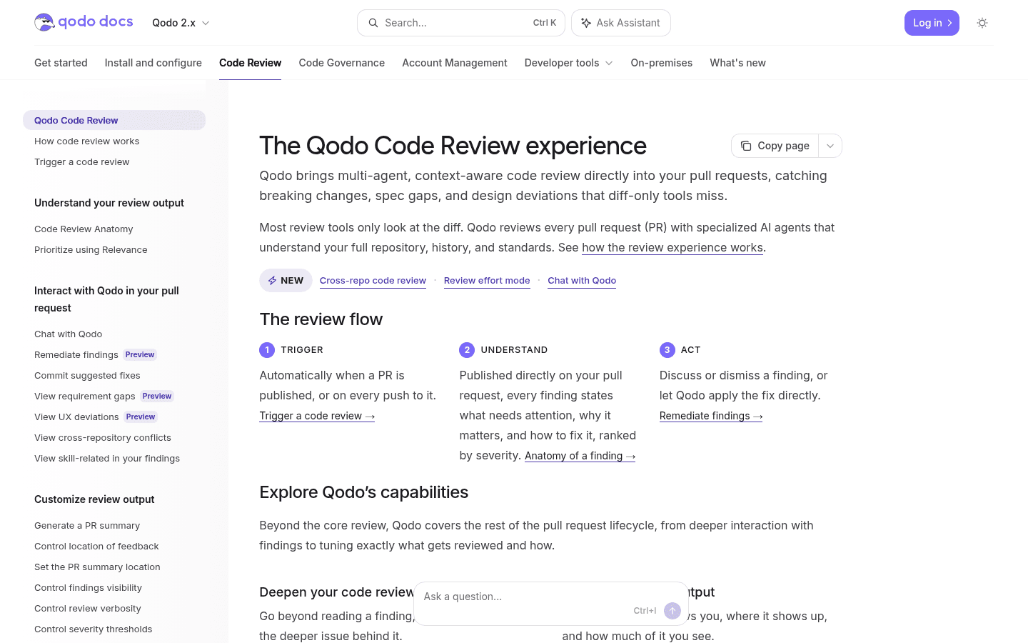 Qodo English documentation explaining its context-aware code review workflow.