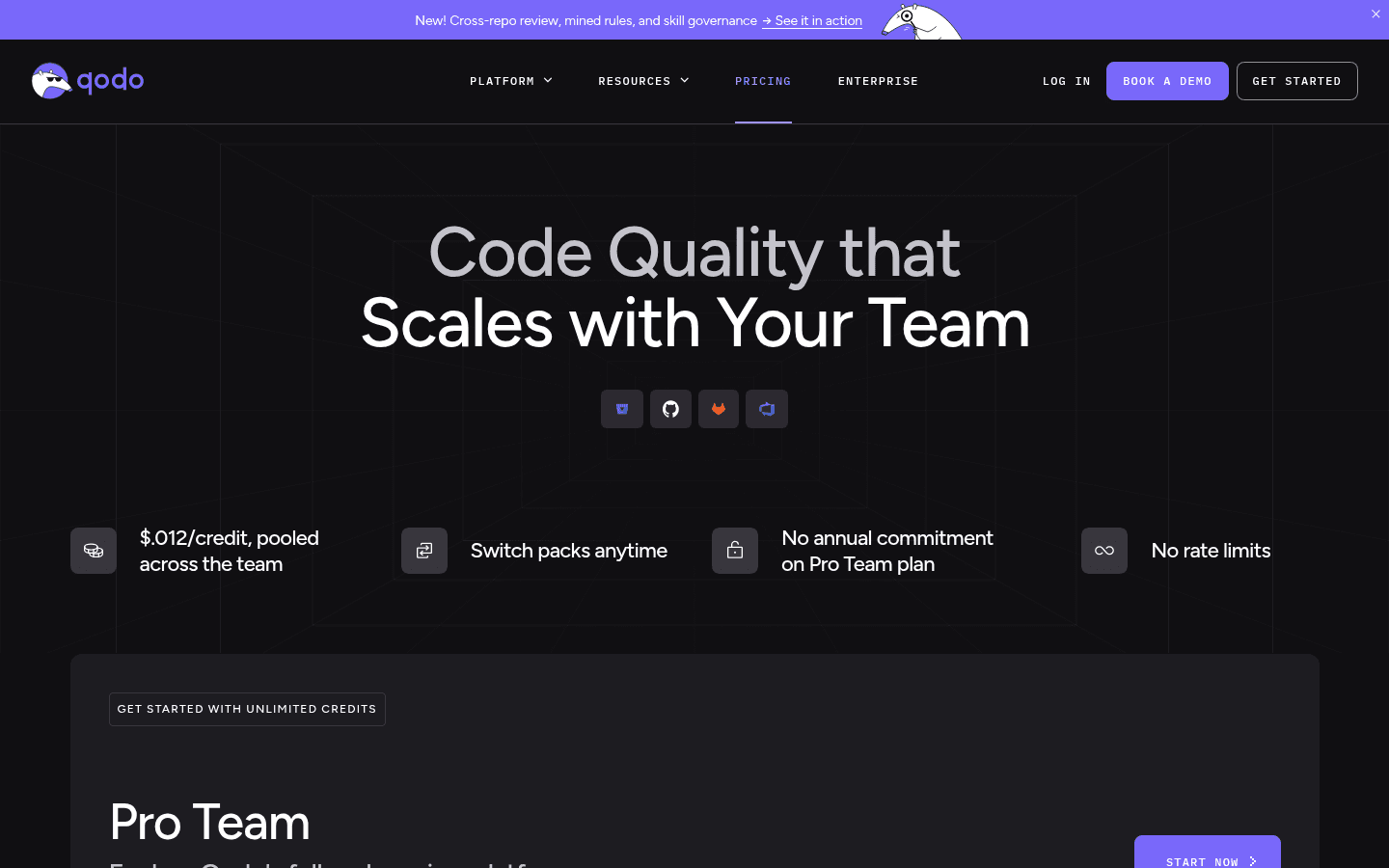 Qodo English pricing page showing pooled credits and Pro Team terms.