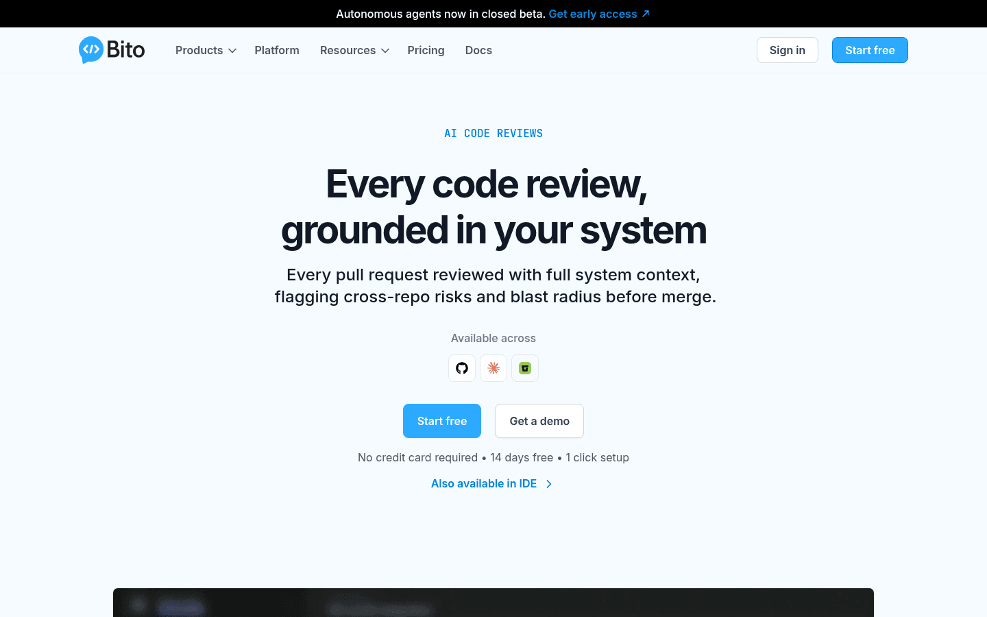 Bito English product page for context-aware AI code reviews across Git providers.