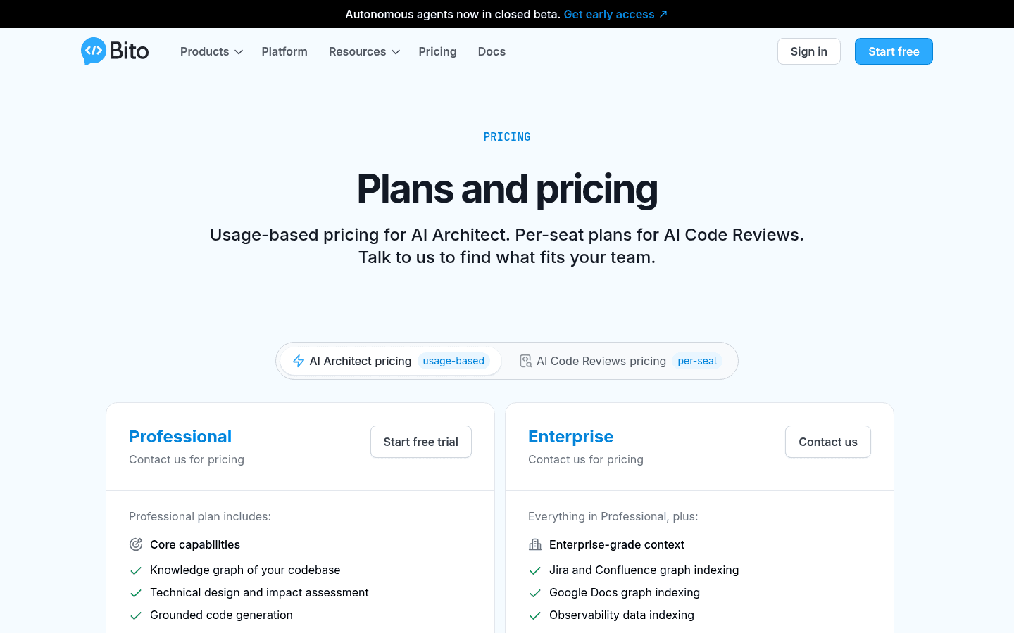 Bito English pricing page showing separate usage-based and per-seat pricing models.