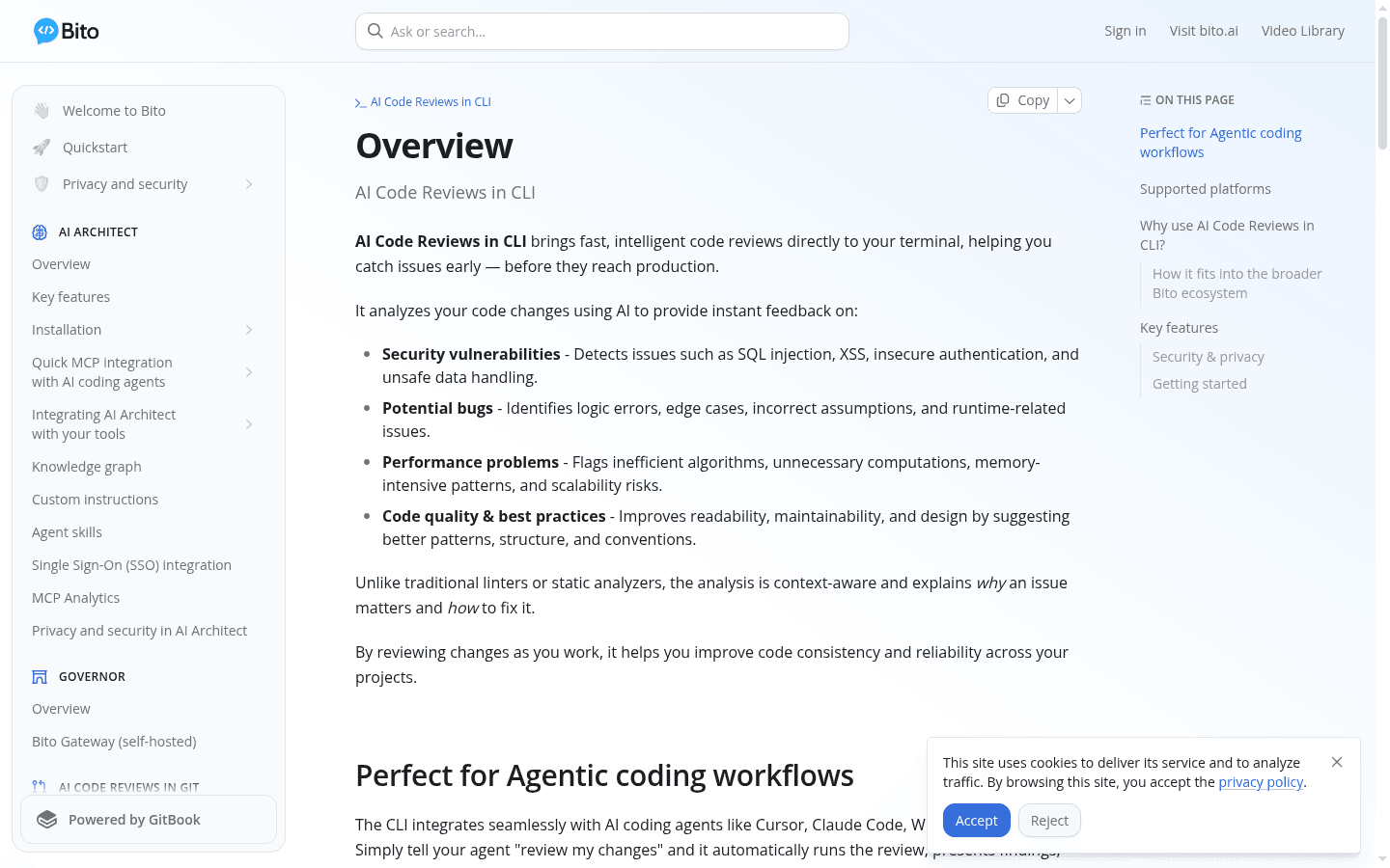 Bito English documentation describing AI code reviews in the command line.