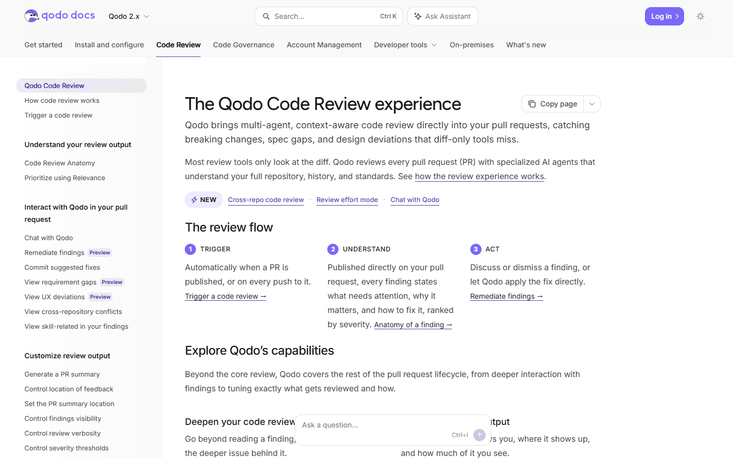 Qodo English documentation explaining its context-aware pull request review flow.