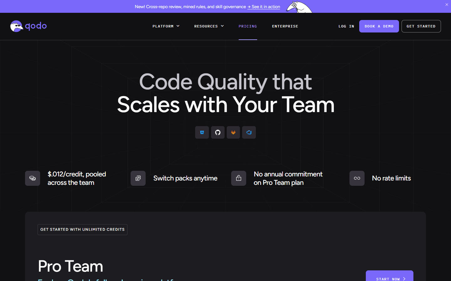 Qodo English pricing page showing pooled credits and Pro Team billing.