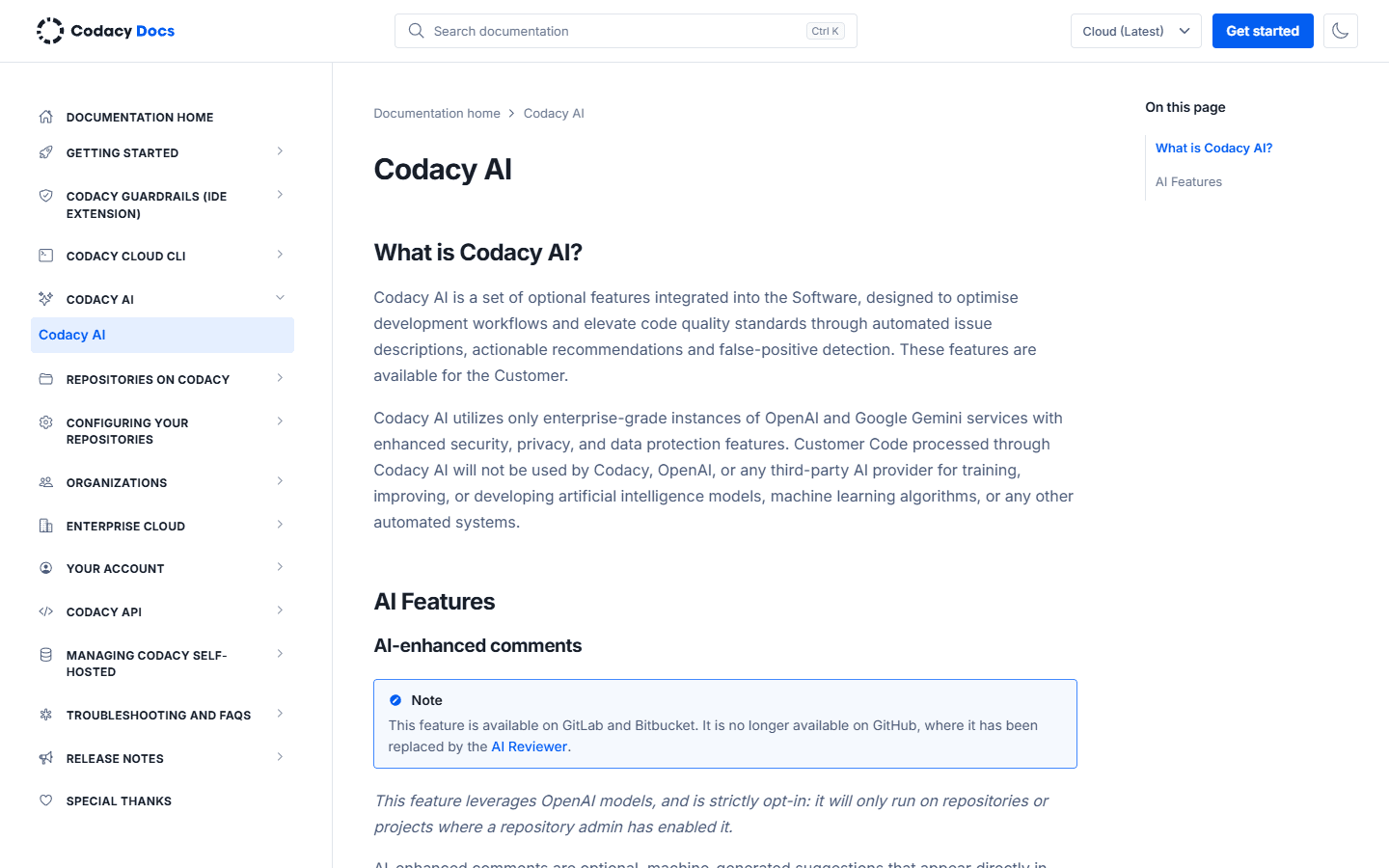 Codacy English documentation describing its optional AI features and data handling.