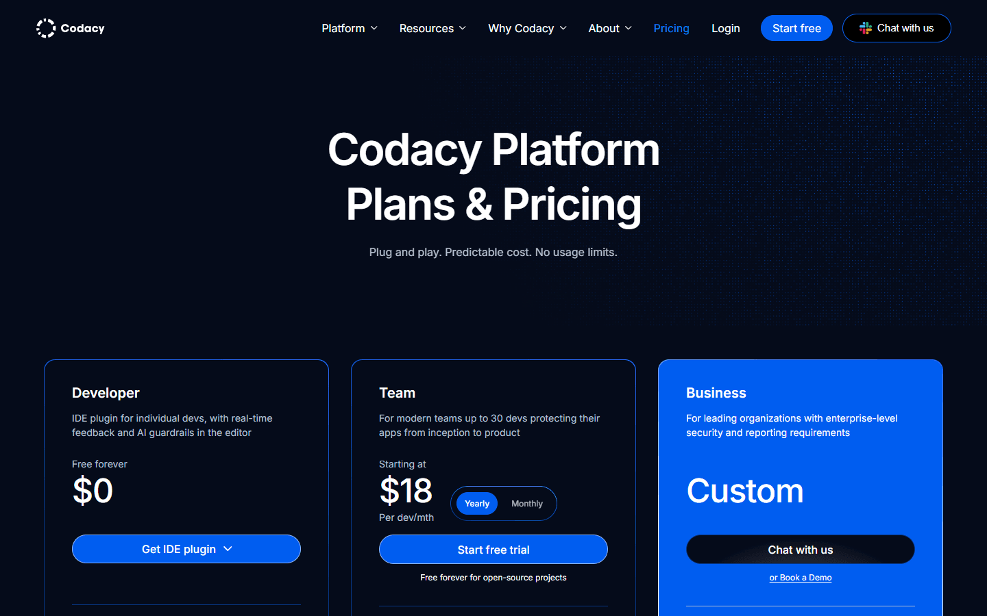 Codacy English pricing page showing Developer, Team, and Business plans.