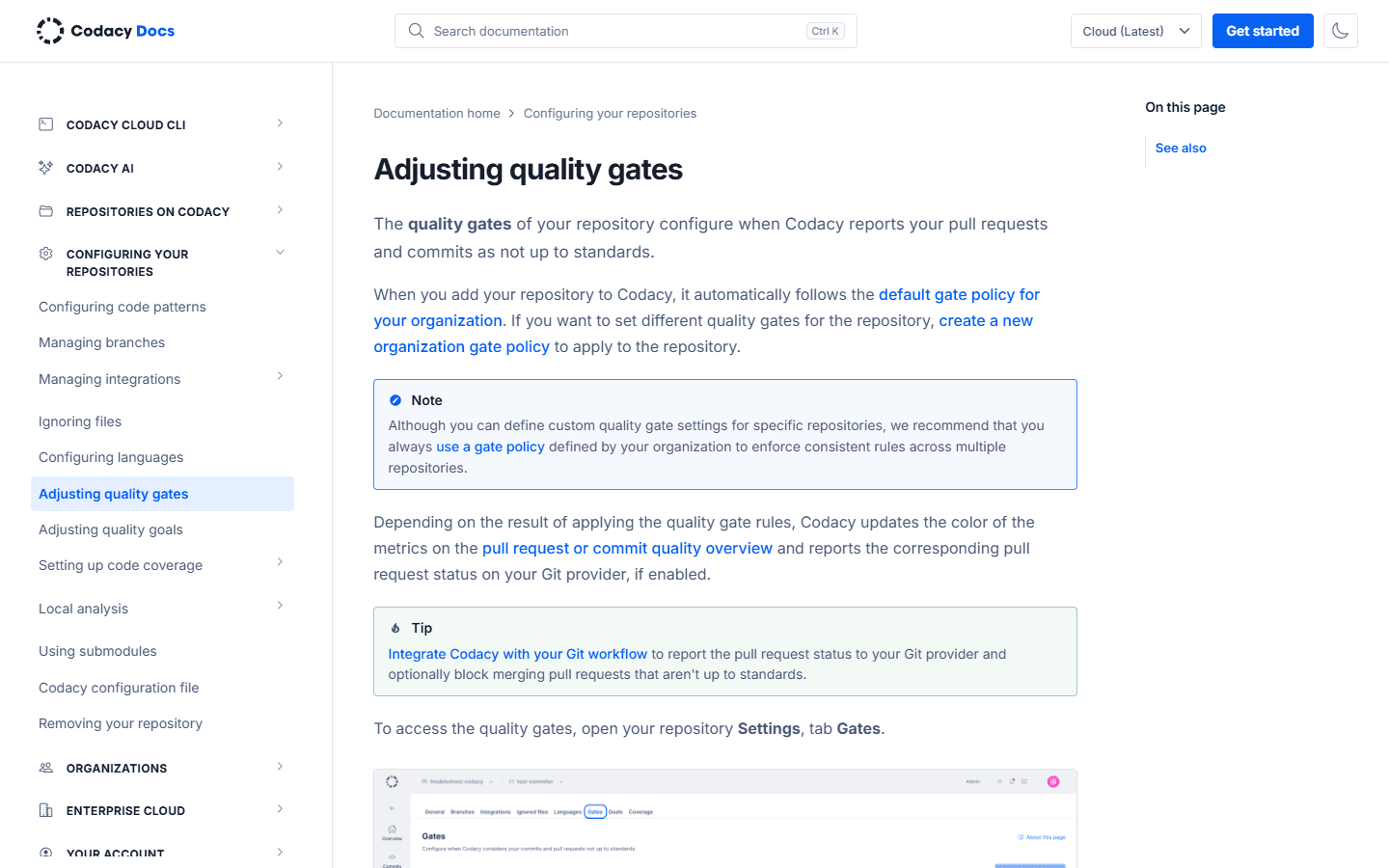 Codacy English documentation explaining repository quality gates and merge status checks.