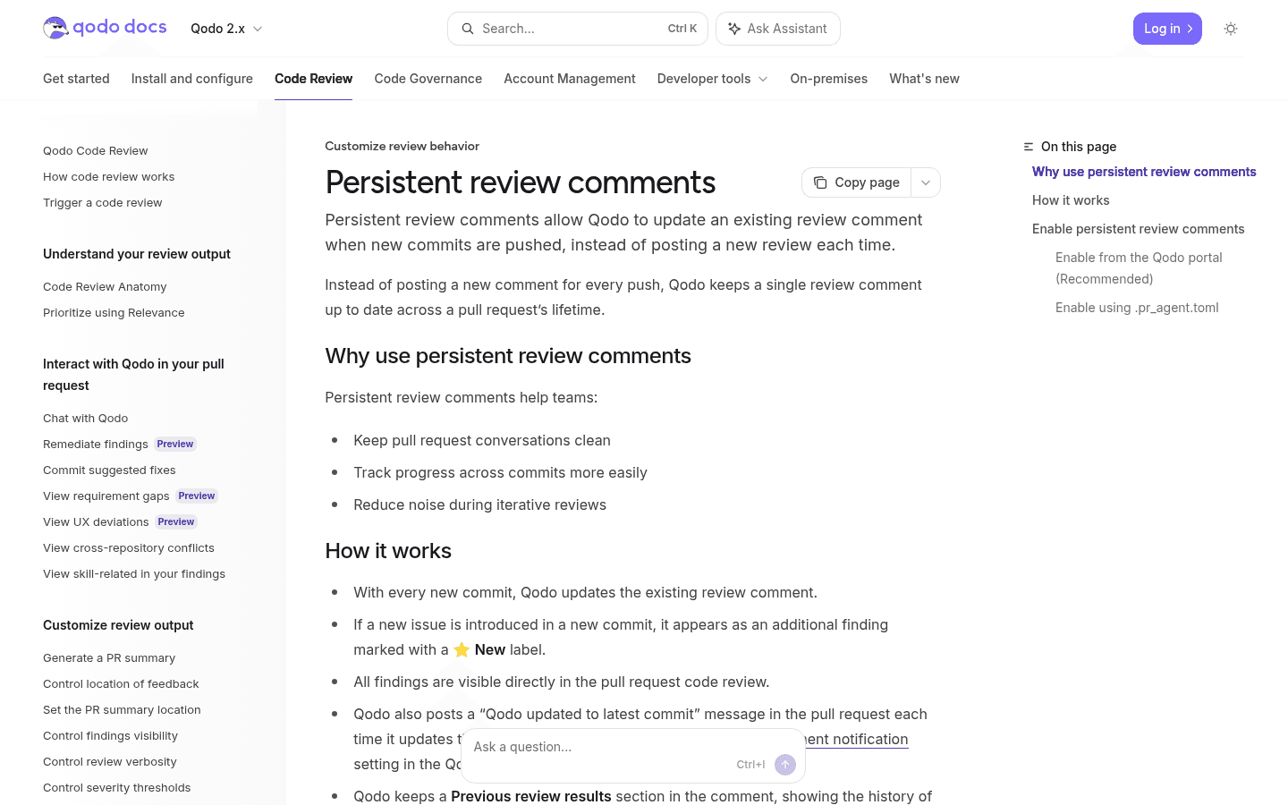 Qodo English documentation for persistent pull request review comments.