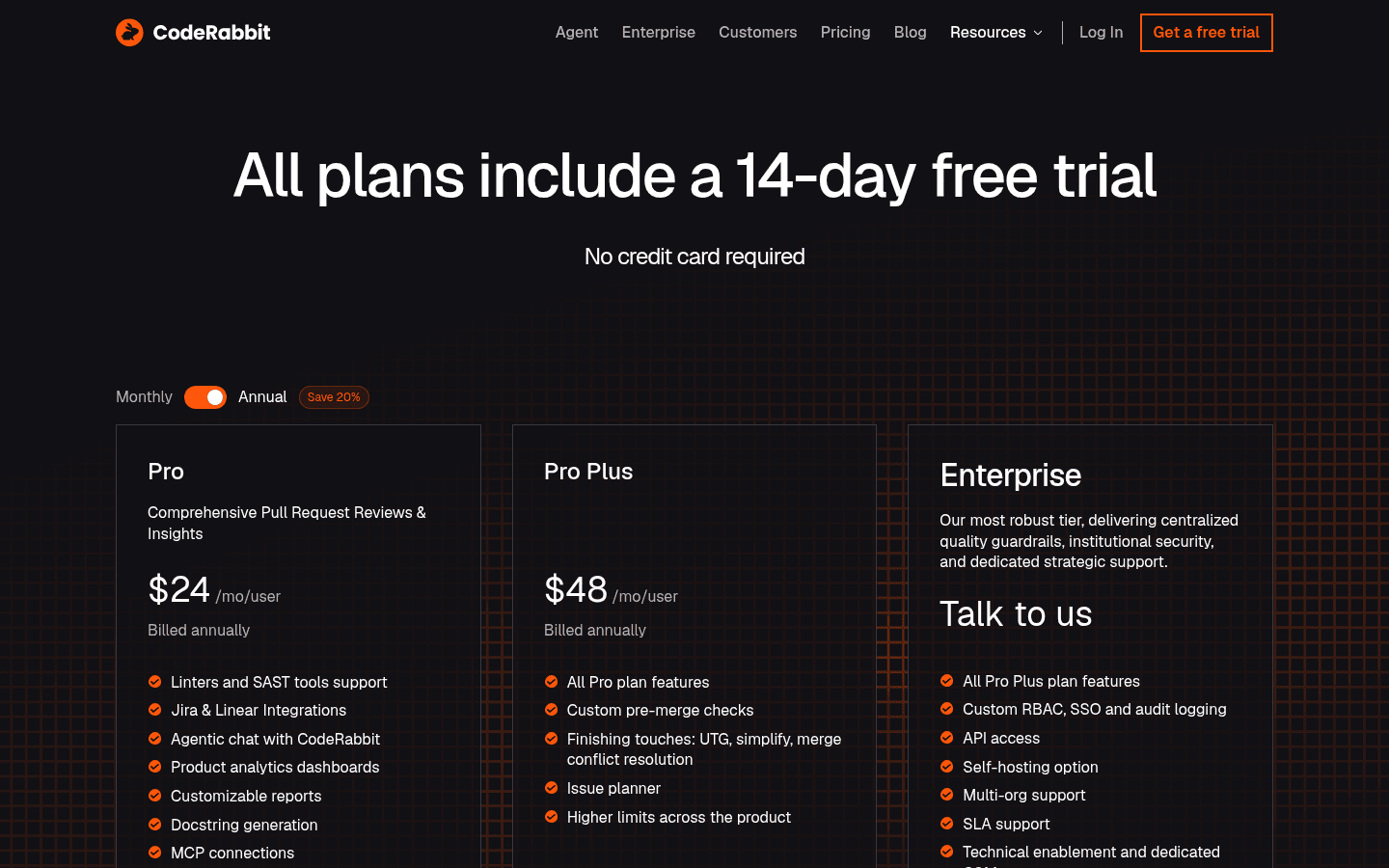 CodeRabbit English pricing page showing Pro, Pro Plus, and Enterprise plans.