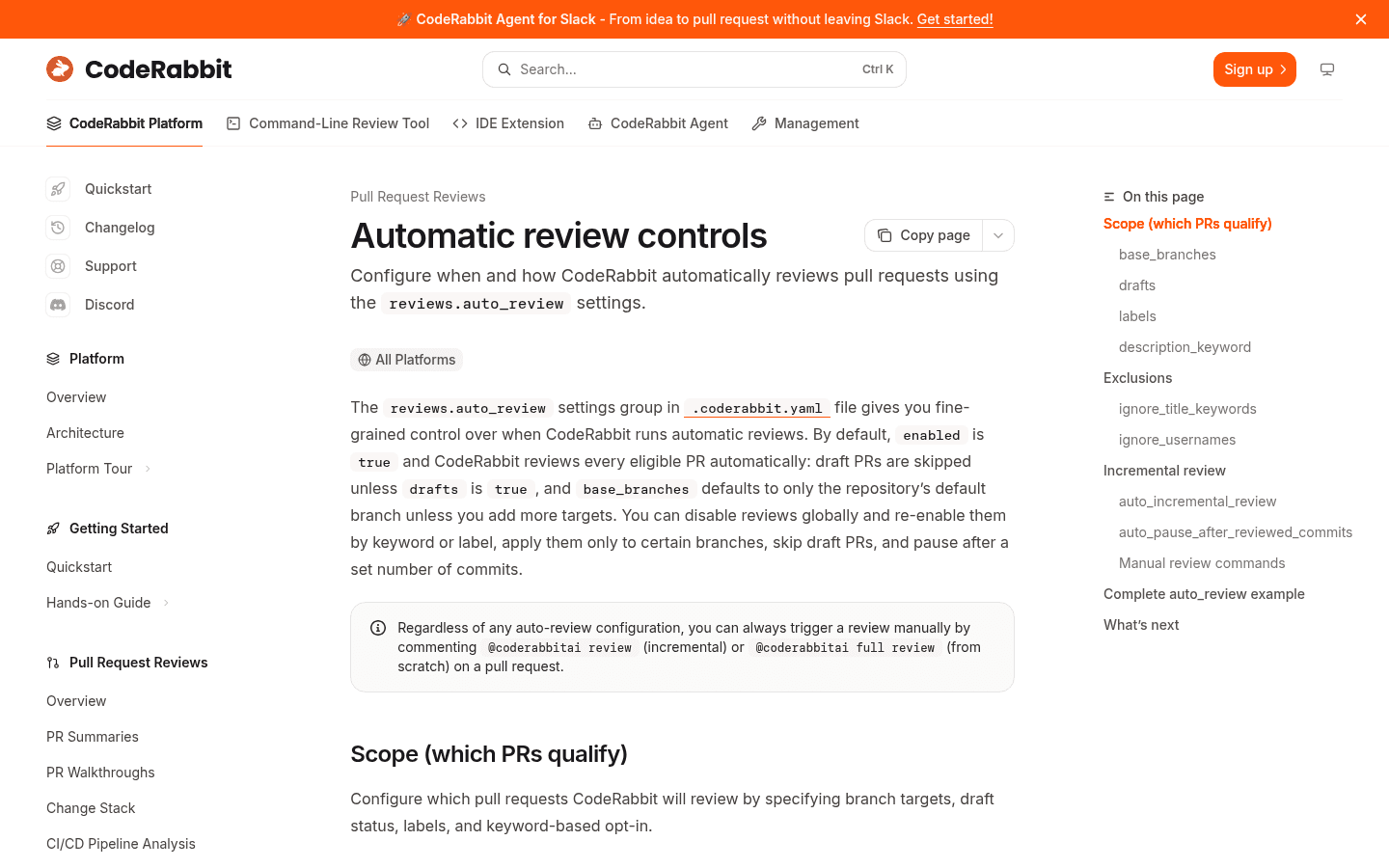 CodeRabbit English documentation for automatic pull request review controls.