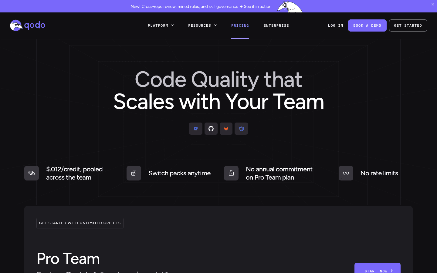 Qodo English pricing page showing pooled credits and Pro Team terms.