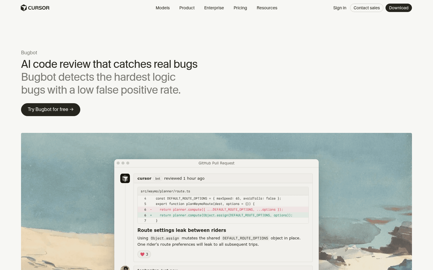 Cursor Bugbot English product page showing an AI pull-request review finding.