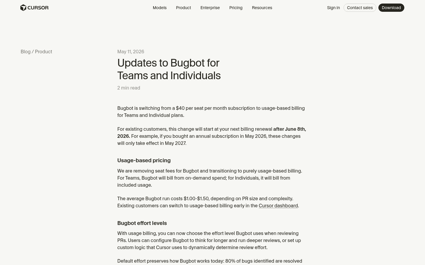 Cursor English announcement explaining Bugbot usage-based billing and effort levels.