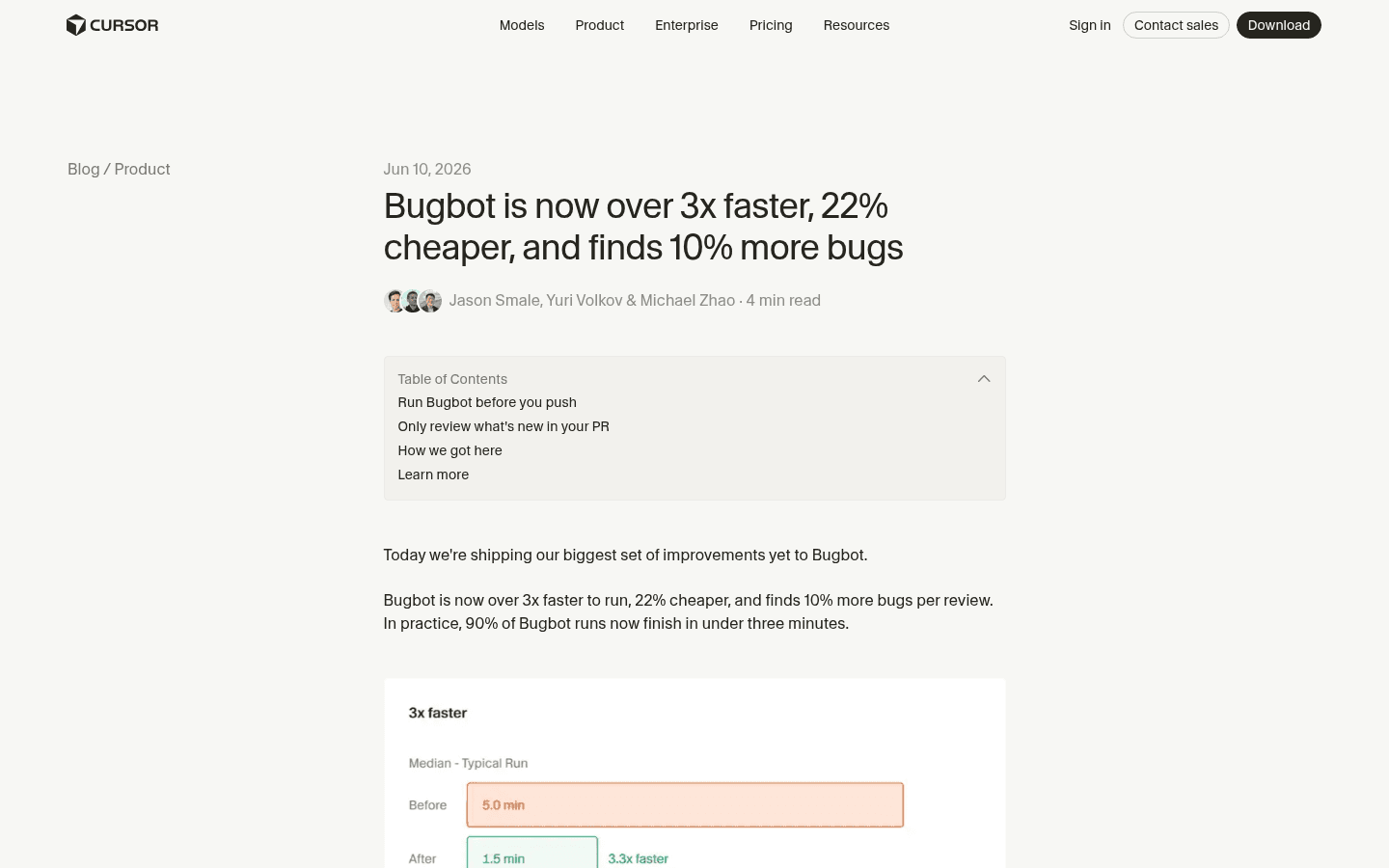 Cursor English product update describing faster Bugbot reviews and pre-push commands.