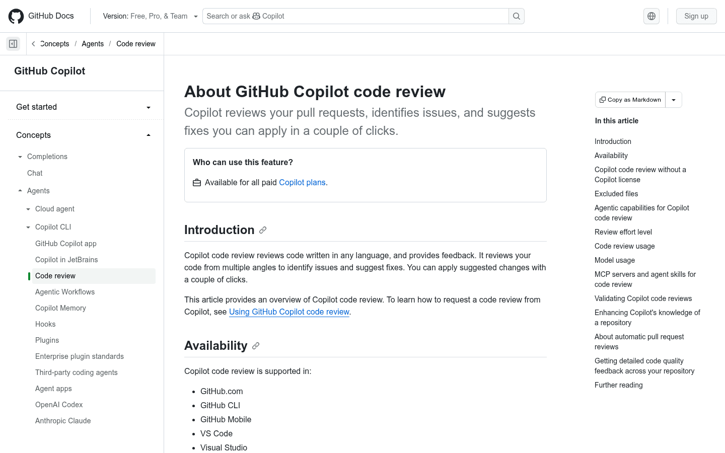 GitHub Copilot English documentation describing code review availability.
