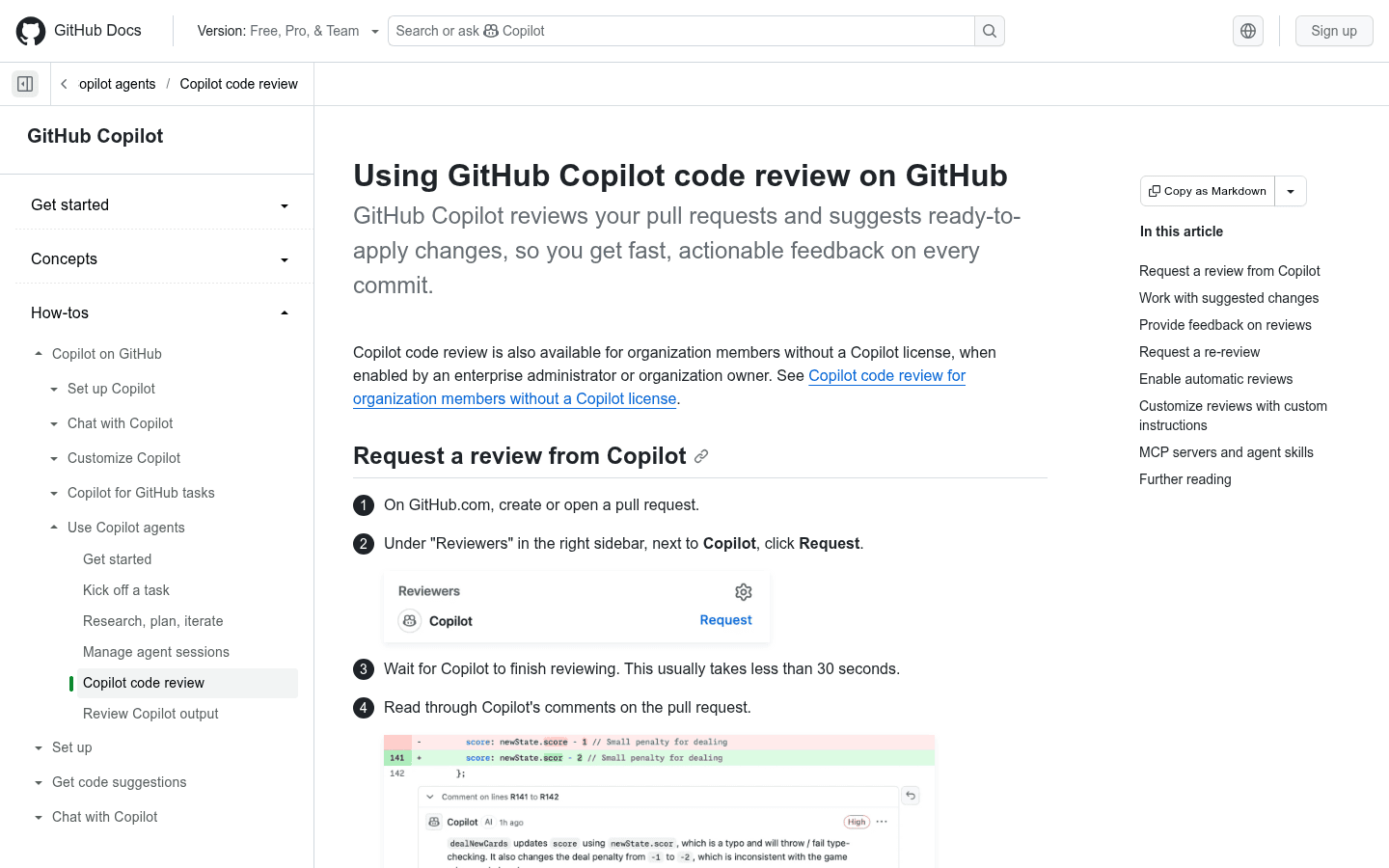 GitHub Copilot English documentation showing how to request a pull request review.