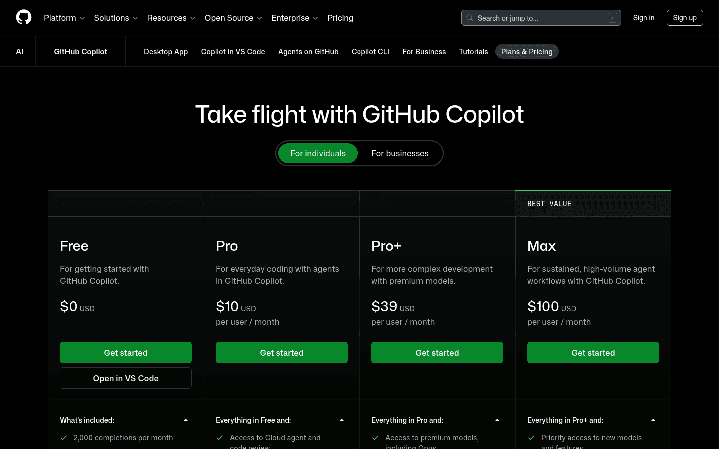 GitHub Copilot English plans page showing Free, Pro, Pro Plus, and Max prices.
