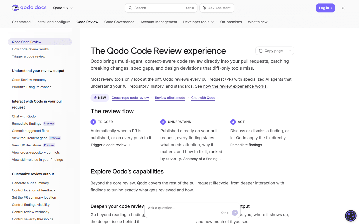 Qodo English documentation showing its trigger, understand, and act code review flow.